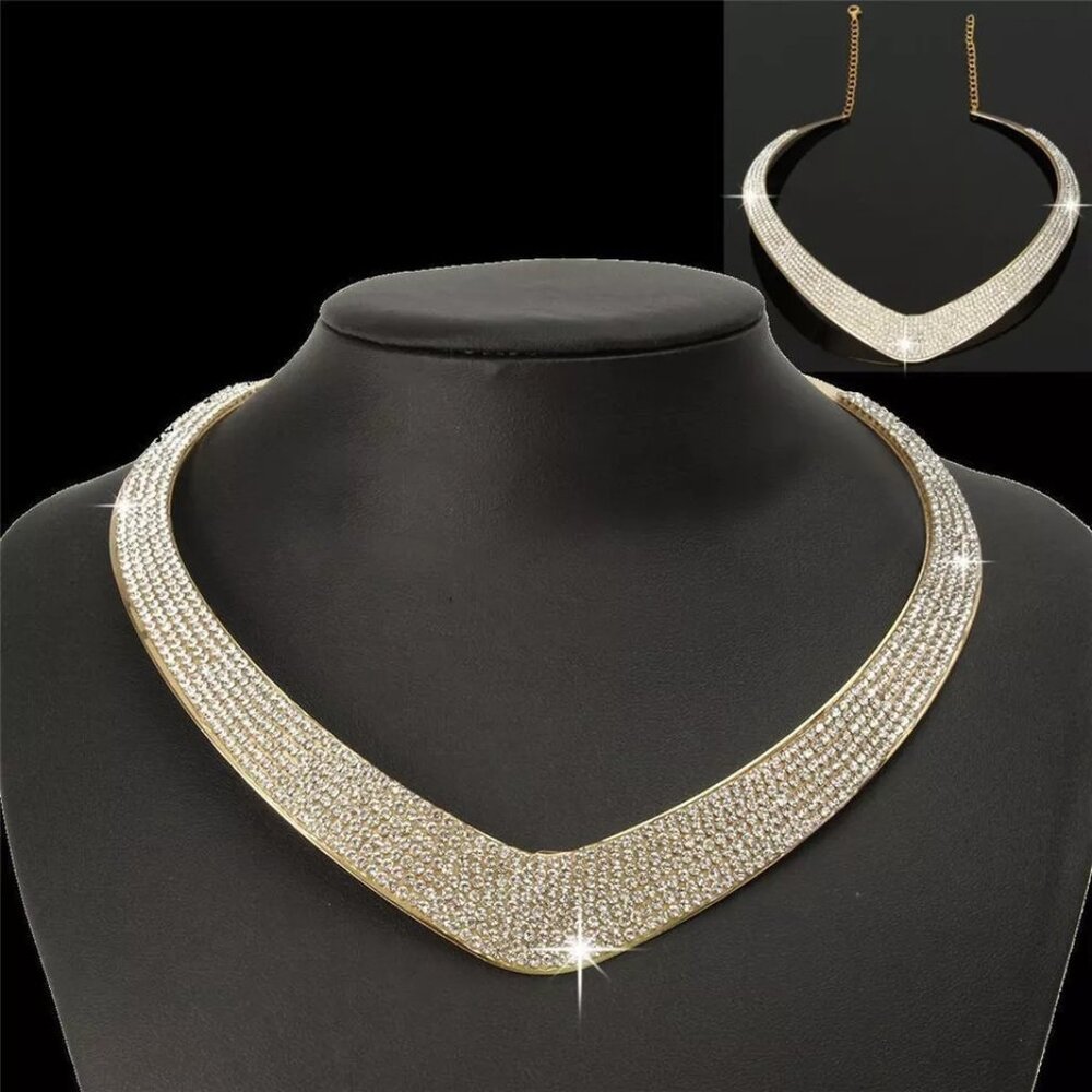 New Womens Diamond Simulated Necklace Gold Choker 14"